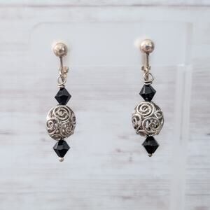 Vintage Clip On Earrings Black & Silver Tone Dangle - Fair Condition